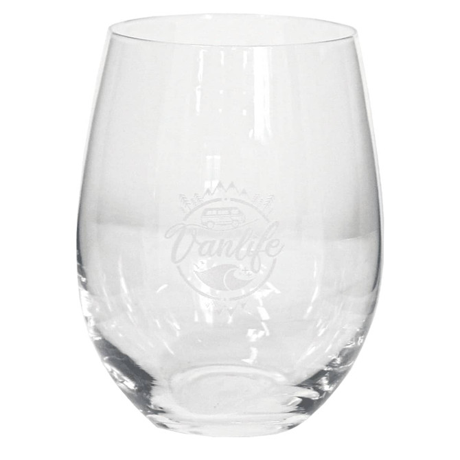 A stemless wine glass in clear glass, featuring an engraved logo or branding design.