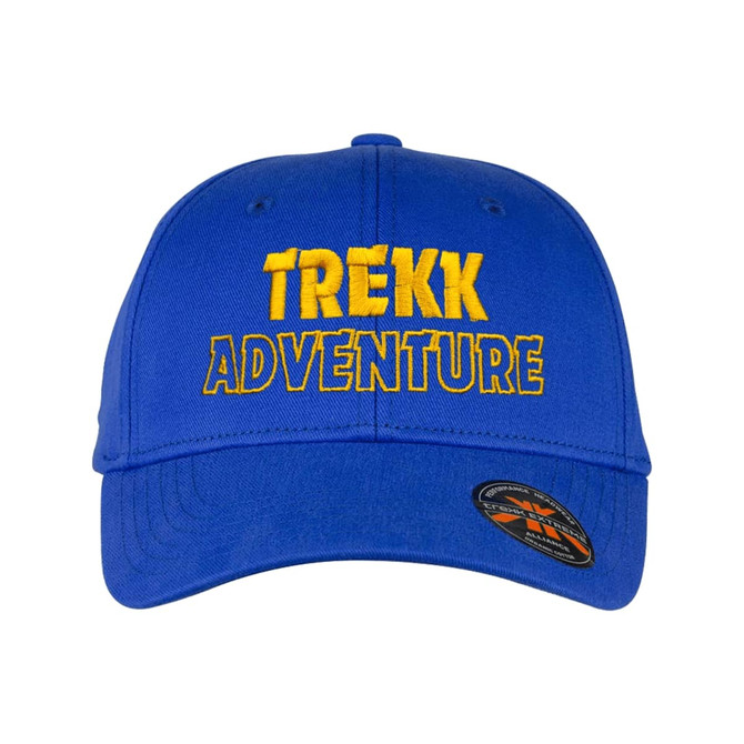 A blue cap with yellow embroidered text, featuring a logo on the side. Ideal for casual wear.