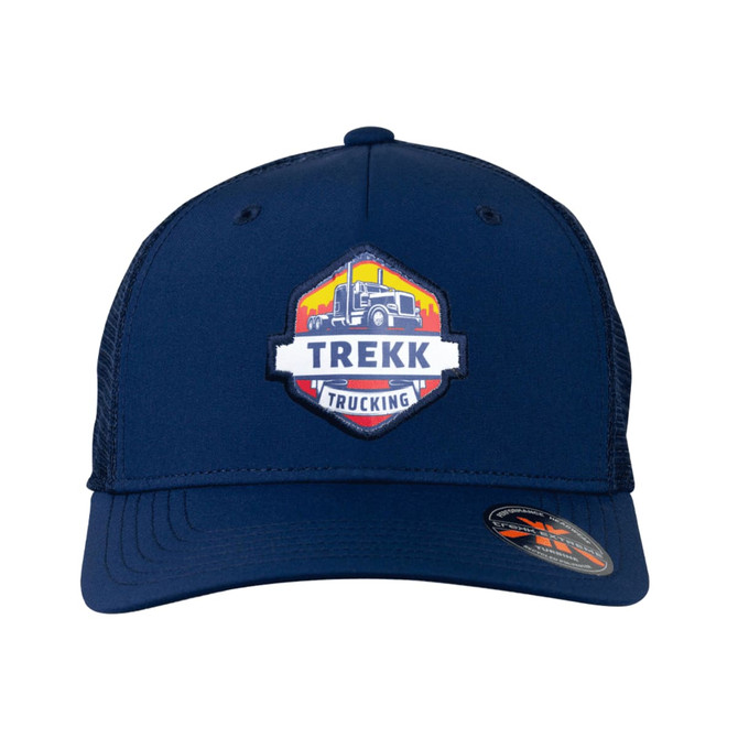 A navy Turbine Trucker Cap featuring a hexagonal logo on the front. It has a mesh back for ventilation.
