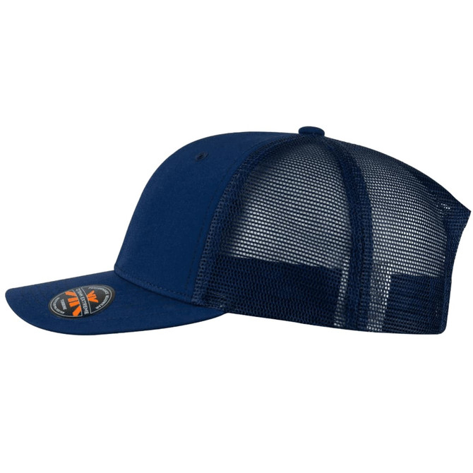 A navy blue trucker cap featuring a mesh back and a logo on the front panel.