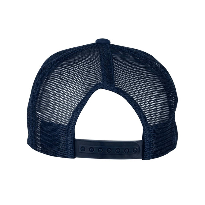 A navy trucker cap featuring a mesh back and adjustable snap closure. Includes a logo on the side.