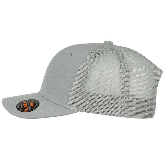 A grey trucker cap with a mesh back and a logo on the front.