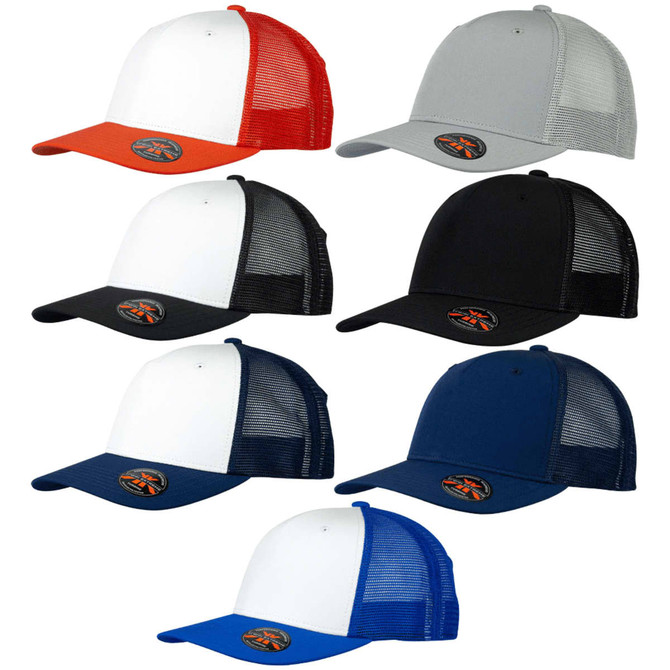A collection of Turbine Trucker Caps in red, grey, white, black, and blue, featuring mesh backs and branding.