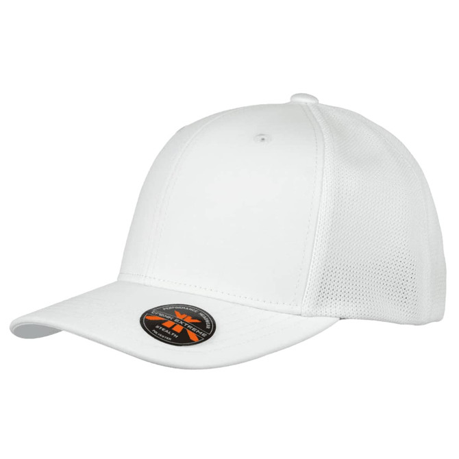 A white mesh cap with a structured front, featuring a curved brim and a logo on the side.