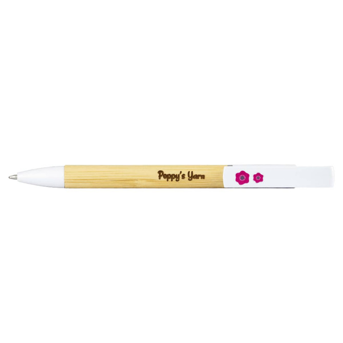A bamboo pen featuring white accents and a logo, designed as a phone holder.