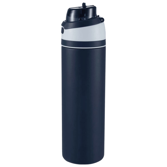 A drink bottle in dark blue and grey with a flip straw and a logo on the side.