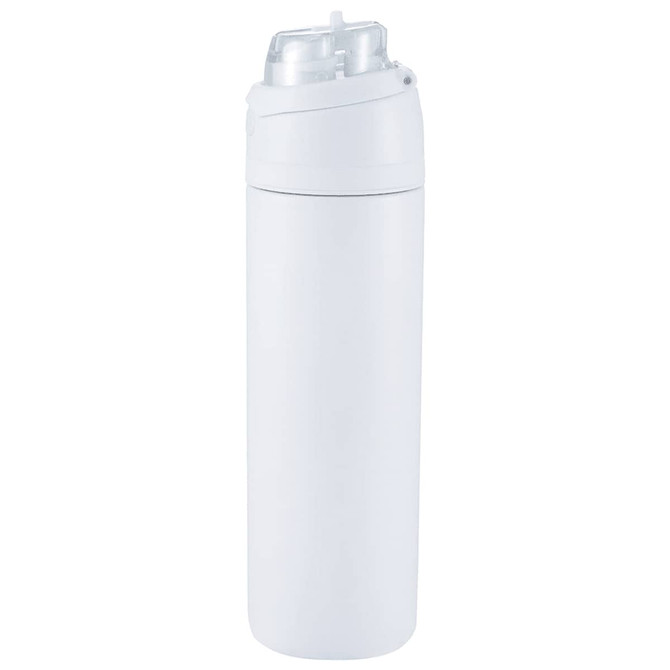 A drink bottle made of recycled stainless steel, featuring a white exterior and a flip straw top.