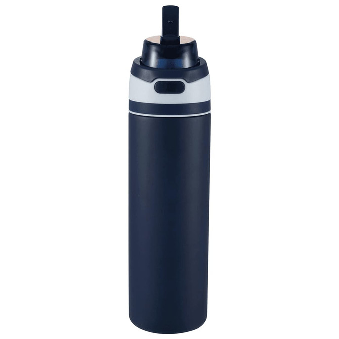 A drink bottle in navy blue and silver, with a flip straw and a branding logo on the cap.
