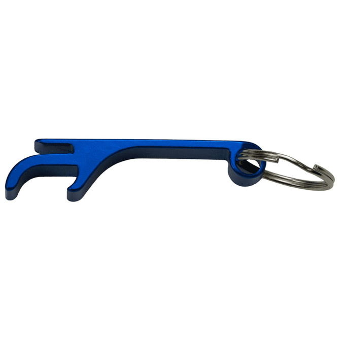 A blue aluminium bottle and can opener with a keyring attached.