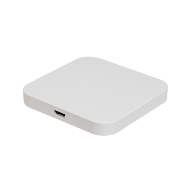 A wireless charger featuring a sleek, square design in white, with a single USB-C port on one side.