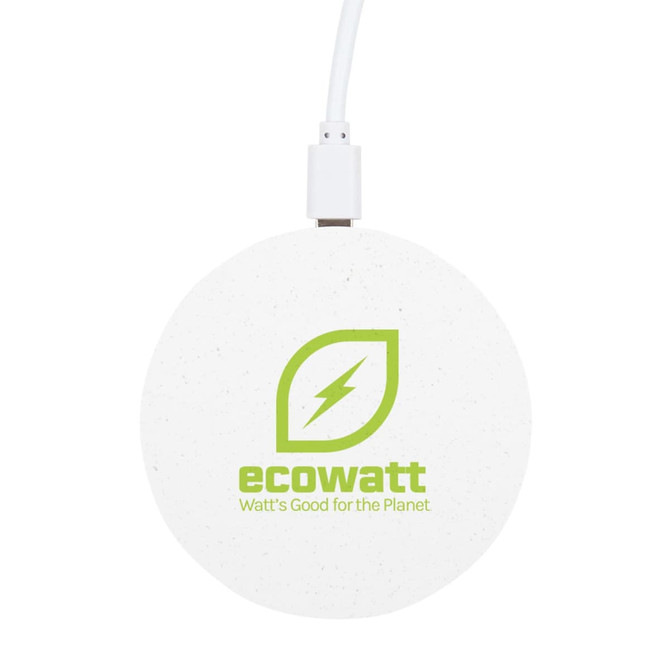 A round white wireless charger with a logo, featuring a green leaf and a lightning bolt design.