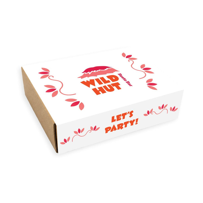 A rectangular cardboard box with a floral design, featuring bright red text and graphics, predominantly in white and brown.
