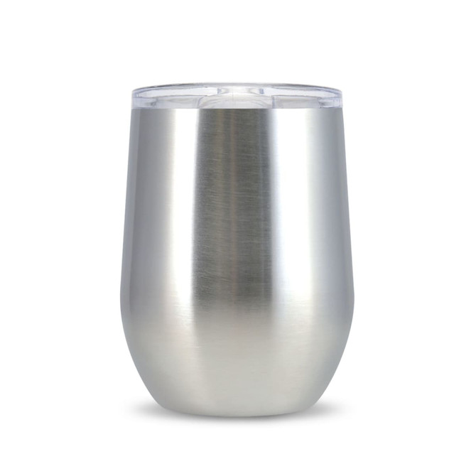A reusable coffee cup with a sleek, stainless steel design and a clear lid.