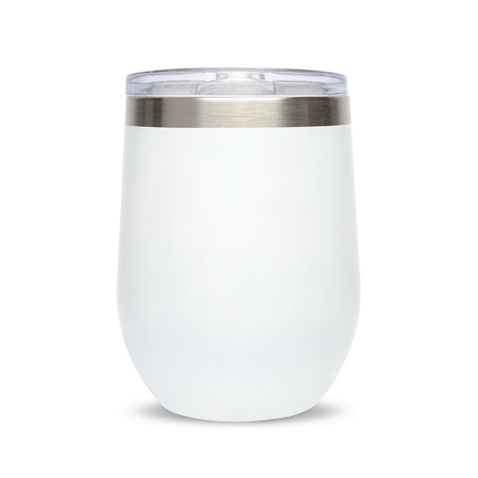 A reusable coffee cup in white with a stainless steel rim and a clear lid, featuring a smooth surface and rounded design.
