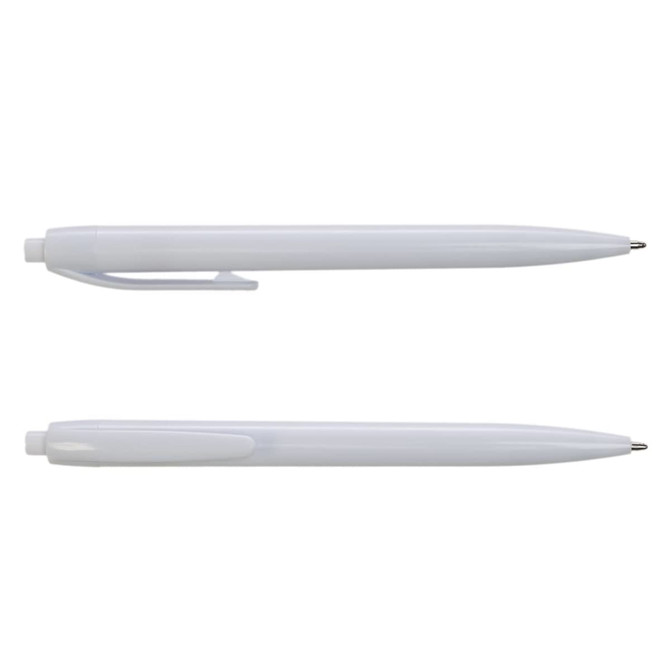 A plastic pen in a light blue color, featuring a clip and a smooth barrel design. The pen is shown from two angles.
