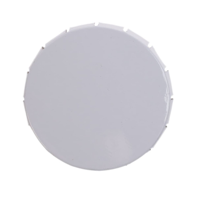 A round, white mint tin with a distinctively shaped lid. The surface is smooth and glossy, suitable for packaging mints.