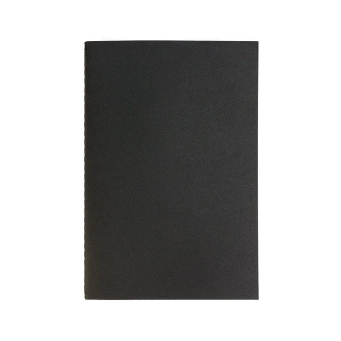 A black notebook with a simple cover, featuring stitching along the spine. Ideal for writing and note-taking.