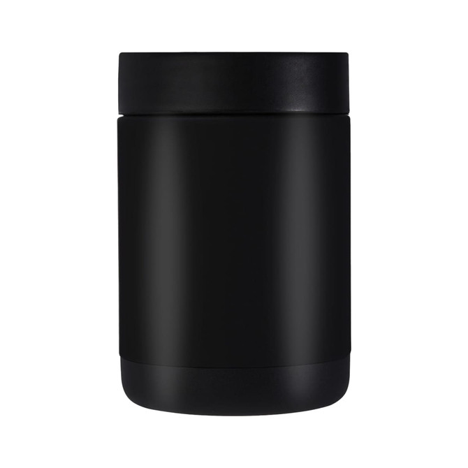 A drink bottle in matte black, featuring a sleek design and a lid. It has a logo on its surface.