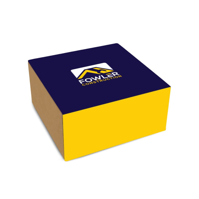 A square box with a blue top and yellow sides, featuring a logo on the top.