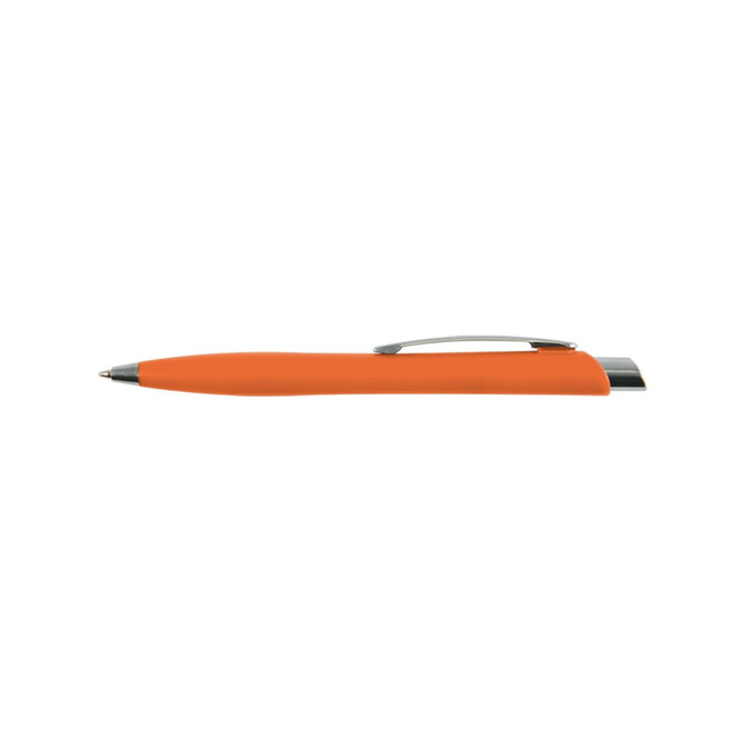 An orange plastic pen with a silver clip and a sleek design. It features a logo on the barrel.