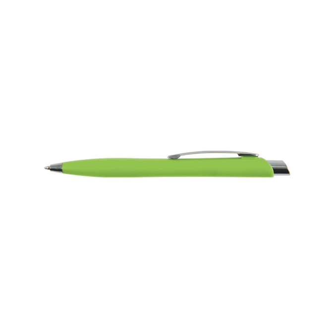 A green plastic pen with a silver clip, featuring a smooth, sleek design and a branding logo.