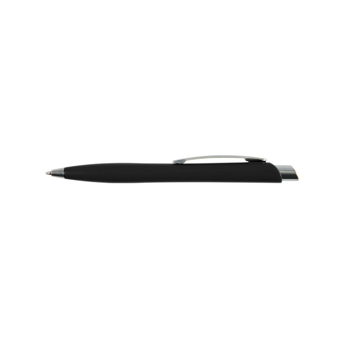 A black plastic pen with a silver clip, featuring a sleek design and a glossy finish.