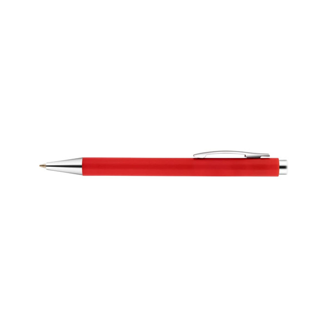 A red plastic pen with a silver clip and metallic point, featuring a logo on its surface.