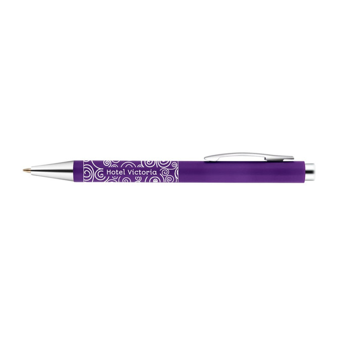 A purple plastic pen with a silver clip and branding on the barrel.