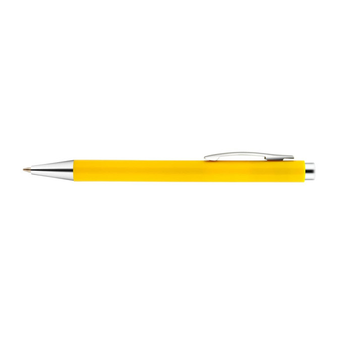 A yellow plastic pen with a silver clip and nib, featuring a logo on its body.