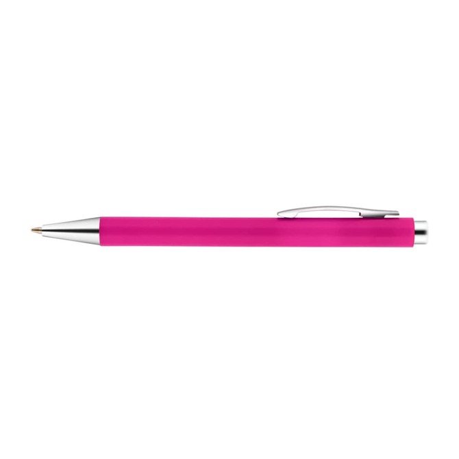 A pink plastic pen with a silver clip and tip, featuring a brand logo.