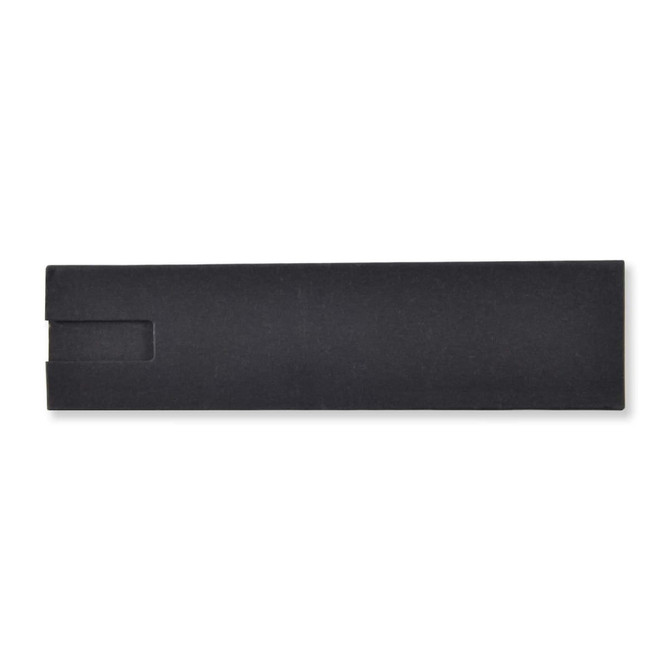 A sleek black pen with a minimalist design, presented in a simple black sleeve.