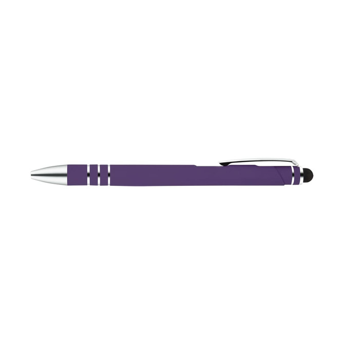 A stylus pen in a vibrant purple color with silver accents and a rubber tip for touchscreen devices.
