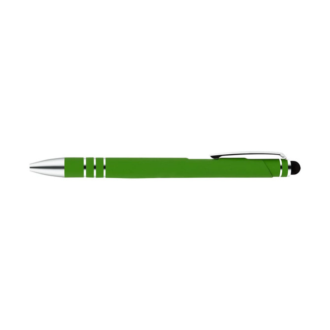 A green pen and stylus with silver accents and a black tip, featuring a branding logo.