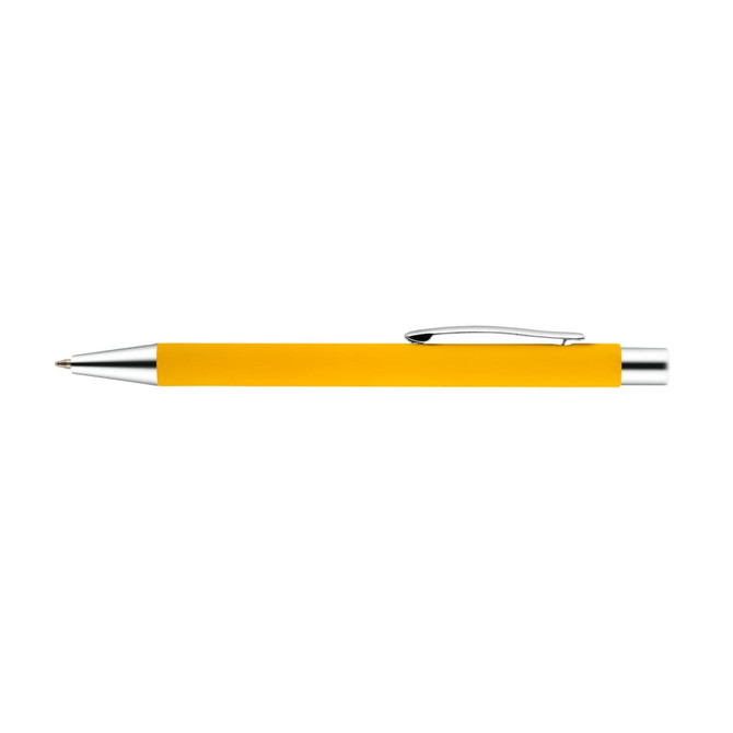 A yellow aluminium pen with a chrome clip, featuring a sleek design and a silver tip.
