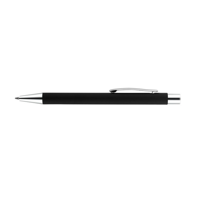 A sleek black aluminium pen with a silver clip and tip, featuring a simple design and a branding logo.