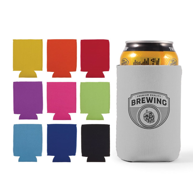 A stubby cooler in grey with a logo, surrounded by nine colourful options in yellow, red, orange, pink, purple, blue, and black.