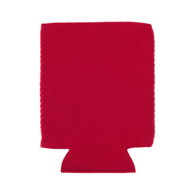 A red stubby cooler with a stitched edge, designed to hold beverages. It features a logo on the front.