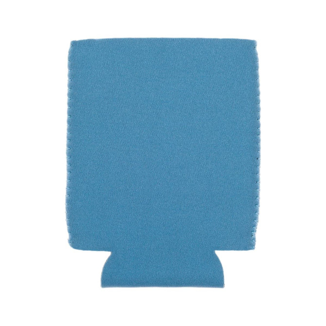 A blue stubby cooler with a seamless design and a logo on it. Suitable for holding drink bottles.