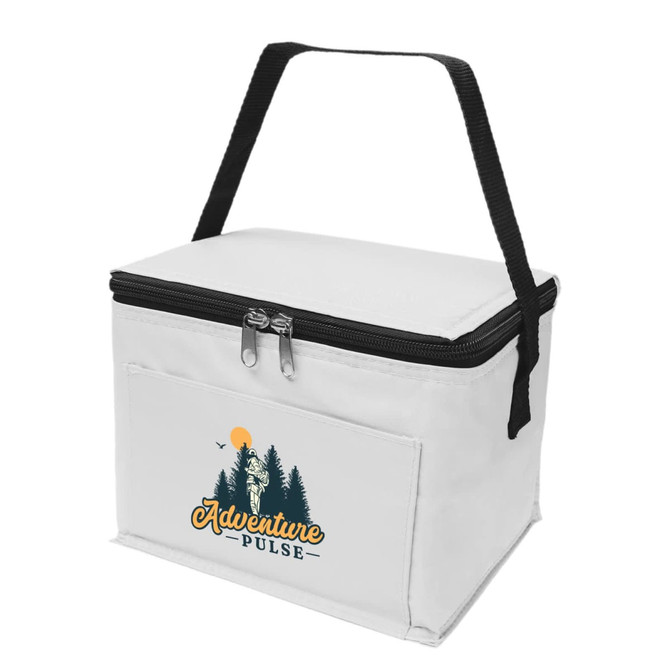 A white cooler bag with a zippered top and a black handle, featuring a logo.