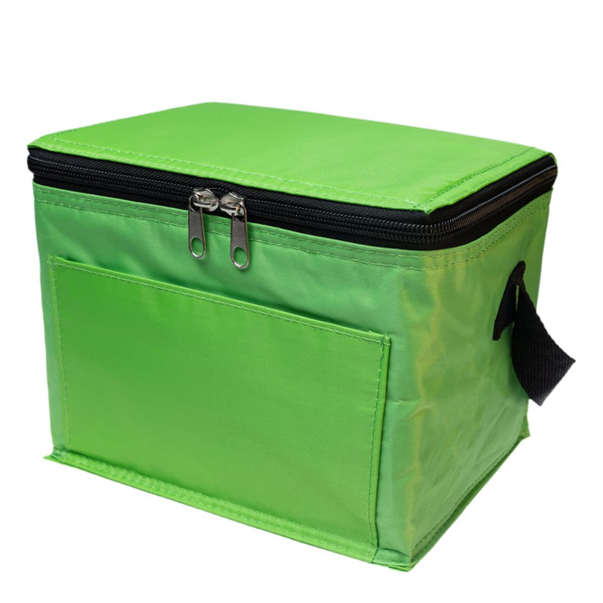 A green Alpine Cooler Bag featuring a zippered closure and a side pocket for additional storage.
