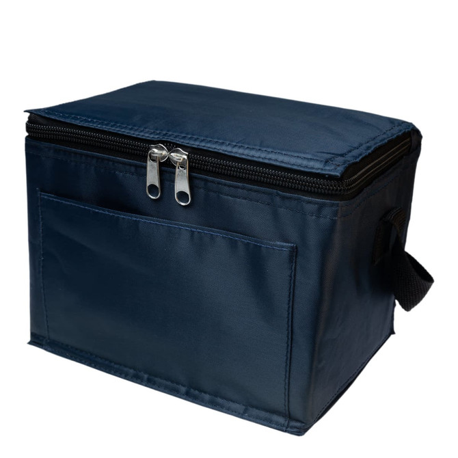 A cooler bag in navy blue with a zippered closure and a front pocket, designed for carrying beverages and food.