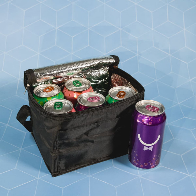 A black cooler bag with a silver interior and several cans inside, alongside a purple can.