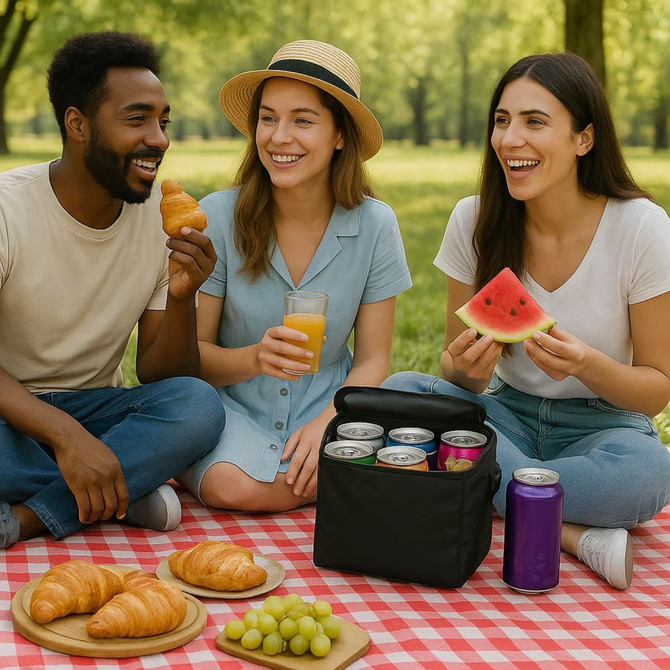 A black cooler bag sits on a picnic blanket, surrounded by snacks and drinks, with three people enjoying food.