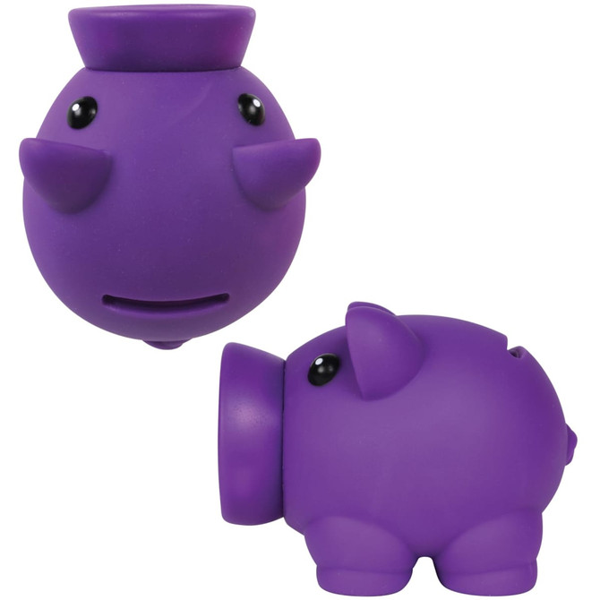 A purple micro piglet coin bank with a round body and cute facial features. It has a logo visible on its side.