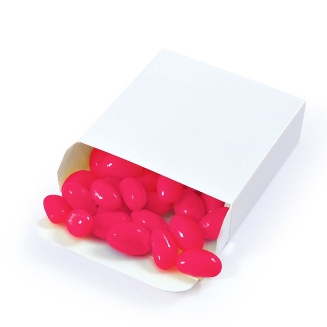 A box of bright pink jelly beans spilling out, presented in a white container with a logo.