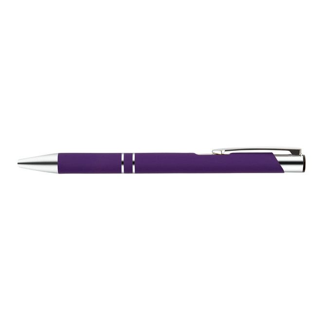 A metal pen featuring a sleek purple design with silver accents.