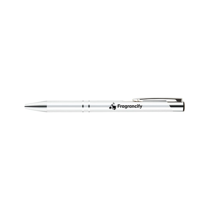A metal pen in white with a chrome clip and a logo on the barrel.