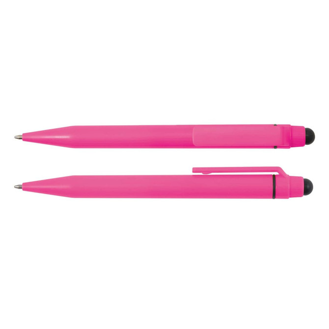 A pink stylus pen is displayed, featuring a sleek design with a sturdy clip and a soft tip for touchscreen use.