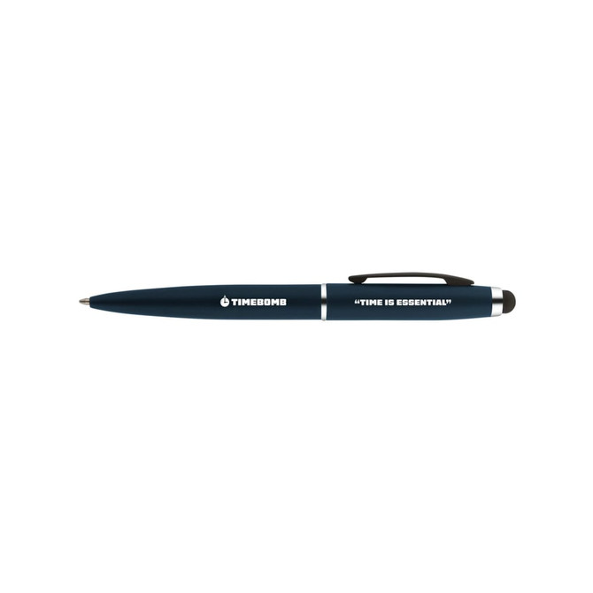 A stylus pen in navy blue with a silver clip and branding. Features a smooth design for writing.