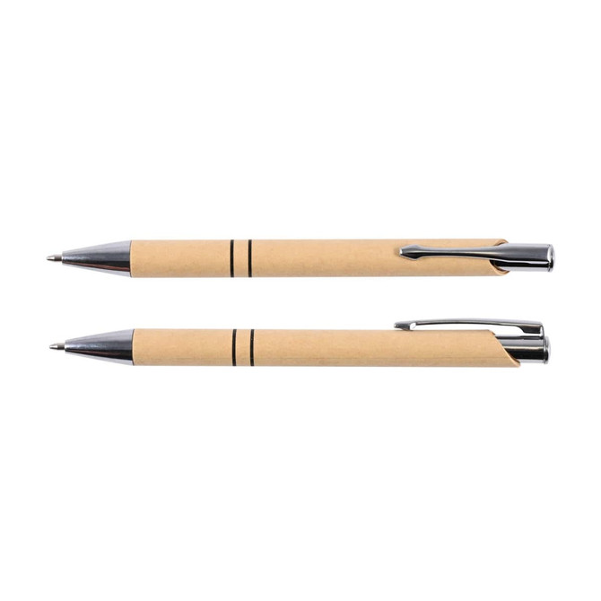 A set of two beige paper pens with silver accents, featuring a sleek design and a logo.